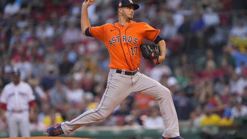 May 16, 2022; Boston, Massachusetts, USA; Houston Astros pitcher Jake Odorizzi (17) delivers a pitch against the Boston Red Sox during the first inning at Fenway Park. Mandatory Credit: Gregory Fisher-USA TODAY Sports