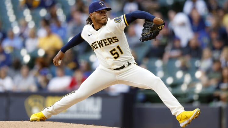 May 16, 2022; Milwaukee, Wisconsin, USA;  Milwaukee Brewers pitcher Freddy Peralta (51) throws a pitch during the first inning against the Atlanta Braves at American Family Field. Mandatory Credit: Jeff Hanisch-USA TODAY Sports