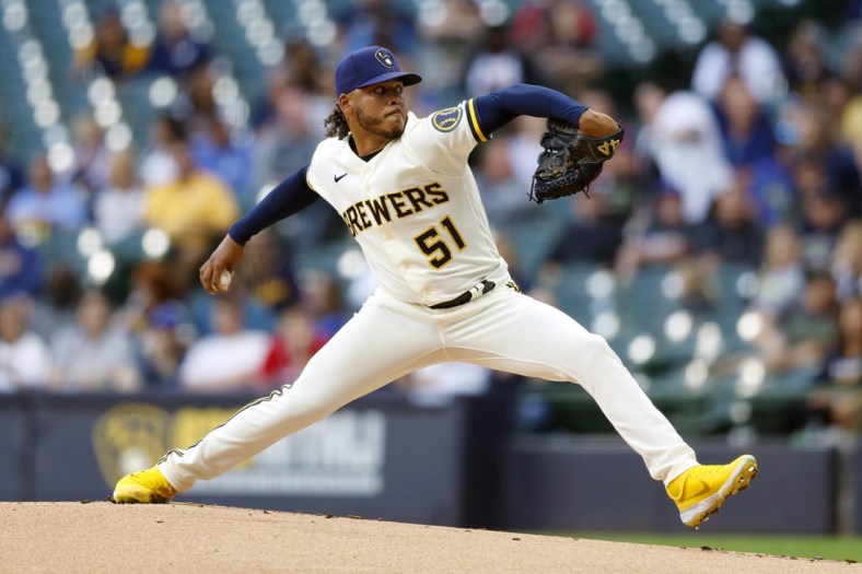 May 16, 2022; Milwaukee, Wisconsin, USA;  Milwaukee Brewers pitcher Freddy Peralta (51) throws a pitch during the first inning against the Atlanta Braves at American Family Field. Mandatory Credit: Jeff Hanisch-USA TODAY Sports