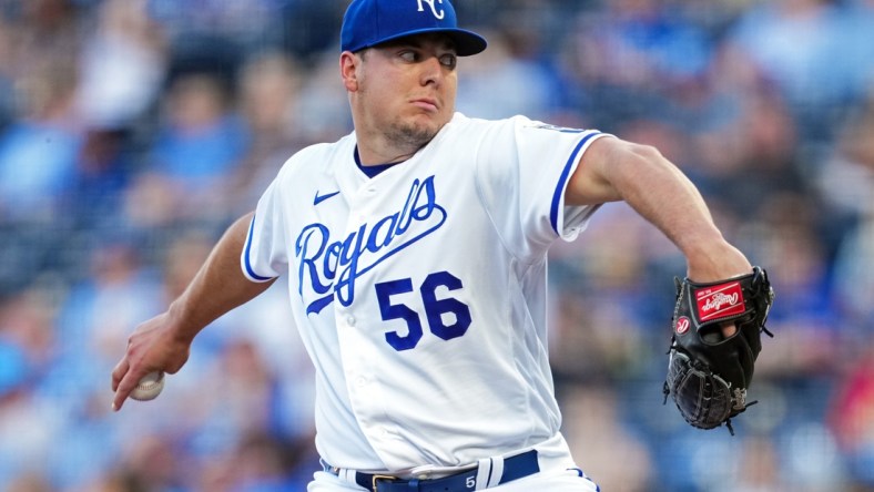 May 16, 2022; Kansas City, Missouri, USA; Kansas City Royals starting pitcher Brad Keller (56) pitches against the Chicago White Sox during the first inning at Kauffman Stadium. Mandatory Credit: Jay Biggerstaff-USA TODAY Sports