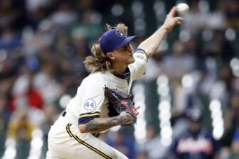 May 16, 2022; Milwaukee, Wisconsin, USA;  Milwaukee Brewers pitcher Josh Hader (71) throws a pitch during the ninth inning against the Atlanta Braves at American Family Field. Mandatory Credit: Jeff Hanisch-USA TODAY Sports