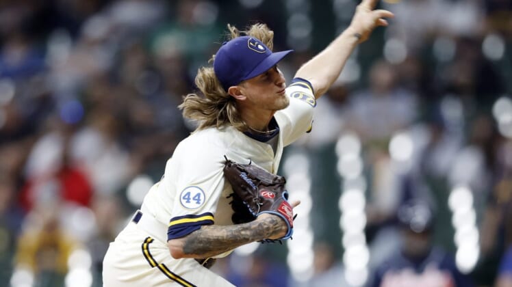May 16, 2022; Milwaukee, Wisconsin, USA;  Milwaukee Brewers pitcher Josh Hader (71) throws a pitch during the ninth inning against the Atlanta Braves at American Family Field. Mandatory Credit: Jeff Hanisch-USA TODAY Sports
