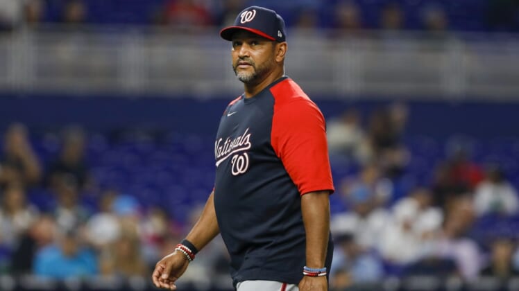May 16, 2022; Miami, Florida, USA; Washington Nationals manager Dave Martinez (4) returns to the dugout after a pitching change in the fourth inning against the Miami Marlins at loanDepot Park. Mandatory Credit: Sam Navarro-USA TODAY Sports
