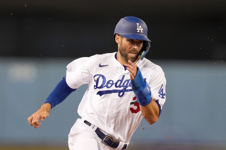 May 16, 2022; Los Angeles, California, USA;  Los Angeles Dodgers designated hitter Chris Taylor (3) rounds third base to score in the fifth inning Arizona Diamondbacks at Dodger Stadium. Mandatory Credit: Kirby Lee-USA TODAY Sports