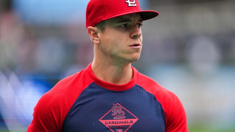 May 3, 2022; Kansas City, Missouri, USA; St. Louis Cardinals left fielder Tyler O'Neill (27)  before the game against the Kansas City Royals at Kauffman Stadium. Mandatory Credit: Jay Biggerstaff-USA TODAY Sports