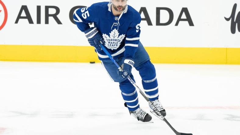 May 10, 2022; Toronto, Ontario, CAN; Toronto Maple Leafs defenseman Mark Giordano (55) skates during the warmup of game five of the first round of the 2022 Stanley Cup Playoffs against the Tampa Bay Lightning at Scotiabank Arena. Mandatory Credit: Nick Turchiaro-USA TODAY Sports