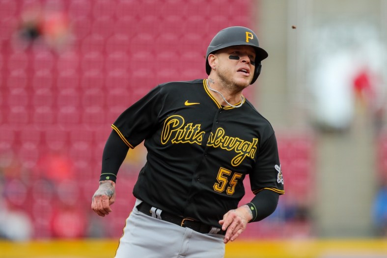 May 7, 2022; Cincinnati, Ohio, USA; Pittsburgh Pirates catcher Roberto Perez (55) runs the bases after a hit by  right fielder Ben Gamel (not pictured) in the third inning against the Cincinnati Reds at Great American Ball Park. Mandatory Credit: Katie Stratman-USA TODAY Sports