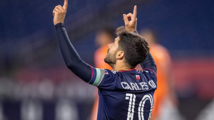 May 11, 2022; Foxborough, Massachusetts, USA; New England Revolution midfielder Carles Gil (10) reacts against FC Cincinnati at Gillette Stadium. Mandatory Credit: Paul Rutherford-USA TODAY Sports