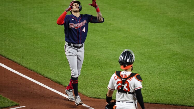 May 4, 2022; Baltimore, Maryland, USA; Minnesota Twins shortstop Carlos Correa (4) rounds the bases after hitting a two-run home run against the Baltimore Orioles during the fourth inning at Oriole Park at Camden Yards. Mandatory Credit: Scott Taetsch-USA TODAY Sports
