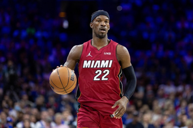 May 12, 2022; Philadelphia, Pennsylvania, USA; Miami Heat forward Jimmy Butler (22) plays against the Philadelphia 76ers during the first quarter in game six of the second round of the 2022 NBA playoffs at Wells Fargo Center. Mandatory Credit: Bill Streicher-USA TODAY Sports