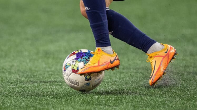 May 11, 2022; Foxborough, Massachusetts, USA; An adidas branded soccer ball during a game between New England Revolution and FC Cincinnati at Gillette Stadium. Mandatory Credit: Paul Rutherford-USA TODAY Sports