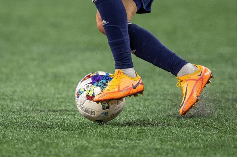 May 11, 2022; Foxborough, Massachusetts, USA; An adidas branded soccer ball during a game between New England Revolution and FC Cincinnati at Gillette Stadium. Mandatory Credit: Paul Rutherford-USA TODAY Sports