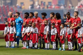 May 14, 2022; Toronto, Ontario, CAN; Toronto FC line up for national anthems before playing Orlando City SC at BMO Field. Mandatory Credit: Kevin Sousa-USA TODAY Sports