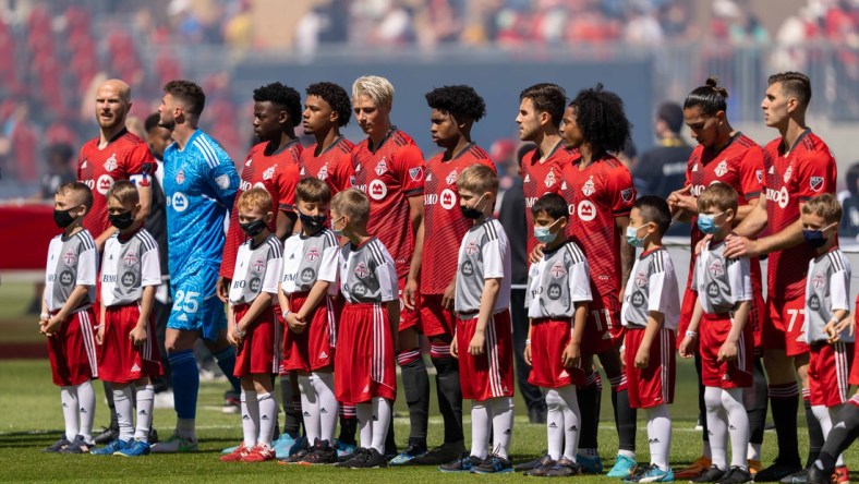 May 14, 2022; Toronto, Ontario, CAN; Toronto FC line up for national anthems before playing Orlando City SC at BMO Field. Mandatory Credit: Kevin Sousa-USA TODAY Sports