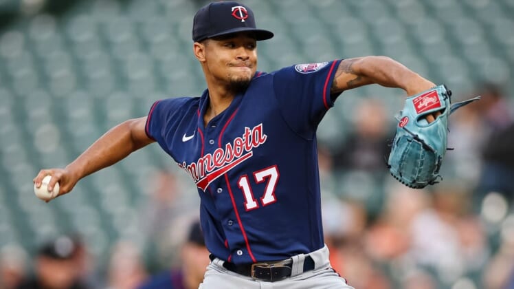 May 5, 2022; Baltimore, Maryland, USA; Minnesota Twins starting pitcher Chris Archer (17) pitches against the Baltimore Orioles during the first inning at Oriole Park at Camden Yards. Mandatory Credit: Scott Taetsch-USA TODAY Sports