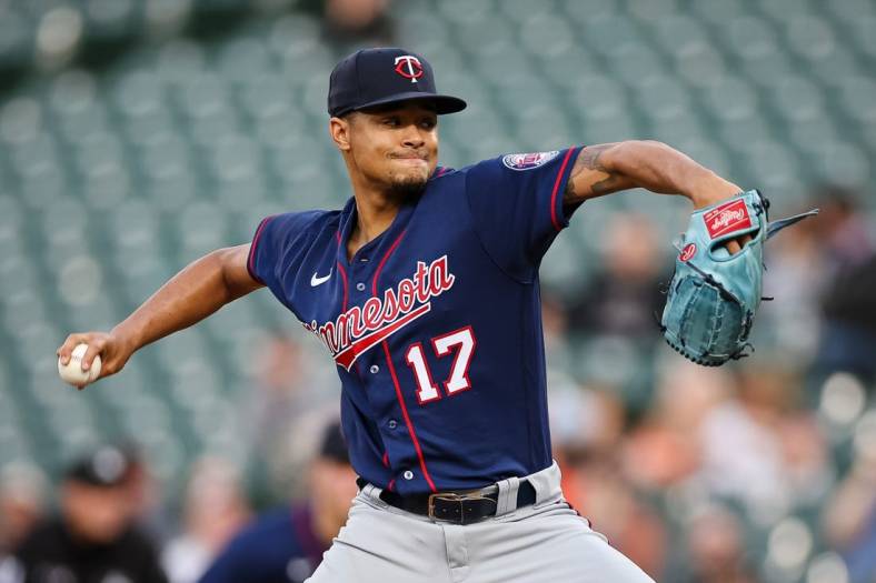 May 5, 2022; Baltimore, Maryland, USA; Minnesota Twins starting pitcher Chris Archer (17) pitches against the Baltimore Orioles during the first inning at Oriole Park at Camden Yards. Mandatory Credit: Scott Taetsch-USA TODAY Sports