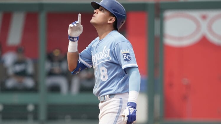 May 17, 2022; Kansas City, Missouri, USA;  Kansas City Royals shortstop Nicky Lopez (8) celebrates after hitting a double against the Chicago White Sox in the seventh inning at Kauffman Stadium. Mandatory Credit: Denny Medley-USA TODAY Sports