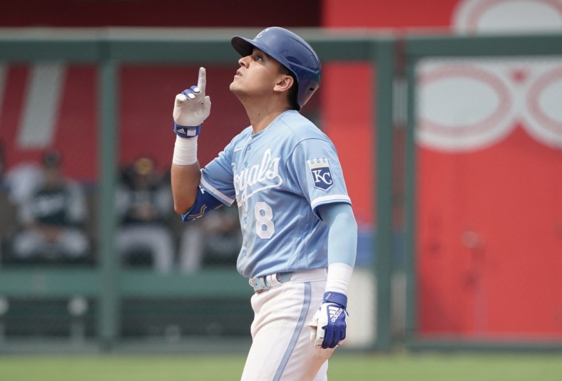 May 17, 2022; Kansas City, Missouri, USA;  Kansas City Royals shortstop Nicky Lopez (8) celebrates after hitting a double against the Chicago White Sox in the seventh inning at Kauffman Stadium. Mandatory Credit: Denny Medley-USA TODAY Sports