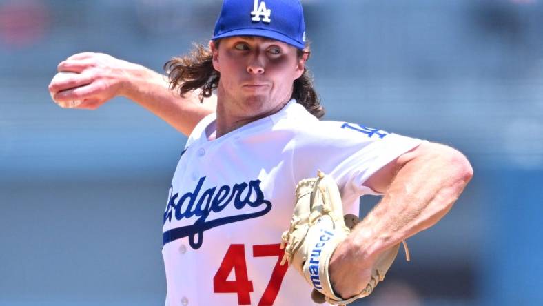 May 17, 2022; Los Angeles, California, USA;  Los Angeles Dodgers starting pitcher Ryan Pepiot (47) throws in the third inning against the Arizona Diamondbacks at Dodger Stadium. Mandatory Credit: Jayne Kamin-Oncea-USA TODAY Sports