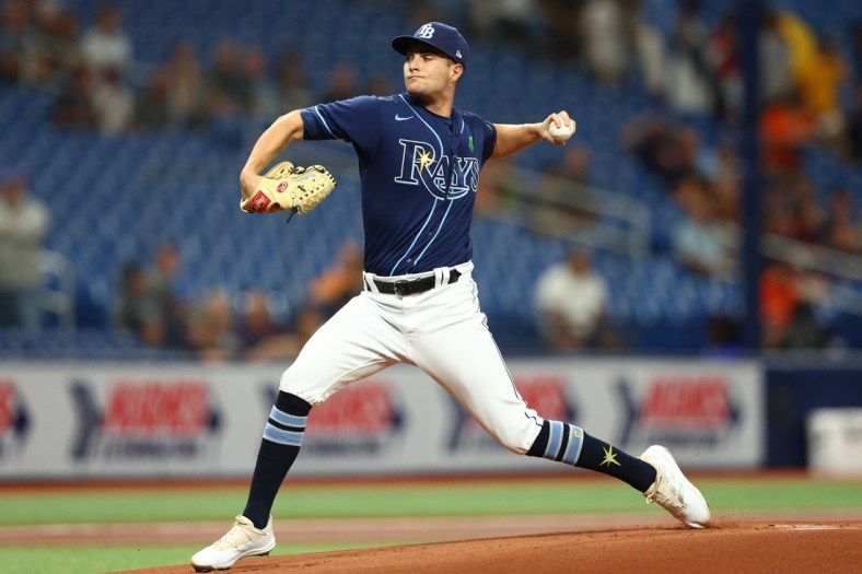 May 17, 2022; St. Petersburg, Florida, USA;  Tampa Bay Rays starting pitcher Shane McClanahan (18) throws a pitch against the Detroit Tigers in the first inning at Tropicana Field. Mandatory Credit: Nathan Ray Seebeck-USA TODAY Sports