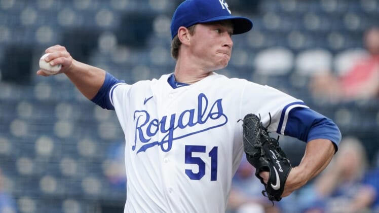 May 17, 2022; Kansas City, Missouri, USA; Kansas City Royals starting pitcher Brady Singer (51) delivers a pitch against the Chicago White Sox in the first inning at Kauffman Stadium. Mandatory Credit: Denny Medley-USA TODAY Sports