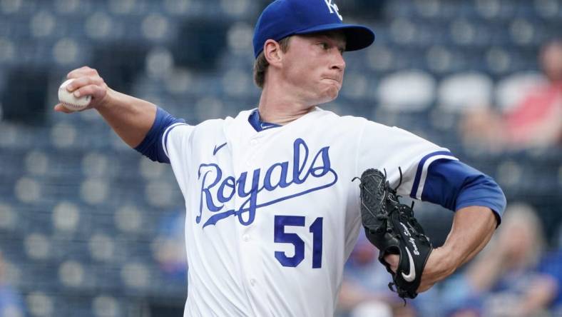 May 17, 2022; Kansas City, Missouri, USA; Kansas City Royals starting pitcher Brady Singer (51) delivers a pitch against the Chicago White Sox in the first inning at Kauffman Stadium. Mandatory Credit: Denny Medley-USA TODAY Sports