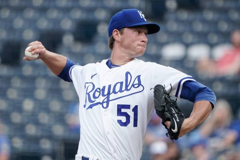 May 17, 2022; Kansas City, Missouri, USA; Kansas City Royals starting pitcher Brady Singer (51) delivers a pitch against the Chicago White Sox in the first inning at Kauffman Stadium. Mandatory Credit: Denny Medley-USA TODAY Sports