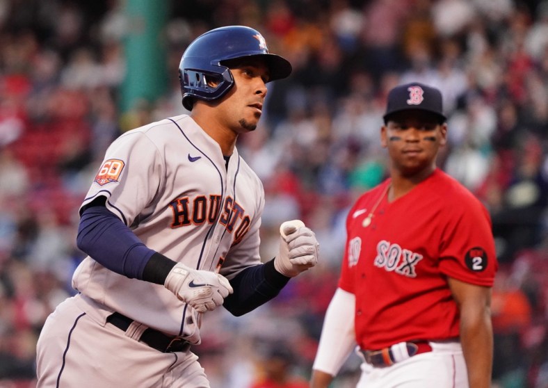 May 17, 2022; Boston, Massachusetts, USA; Houston Astros designated hitter Michael Brantley (23) rounds the bases after hitting a three run home run against the Boston Red Sox in the second inning at Fenway Park. Mandatory Credit: David Butler II-USA TODAY Sports