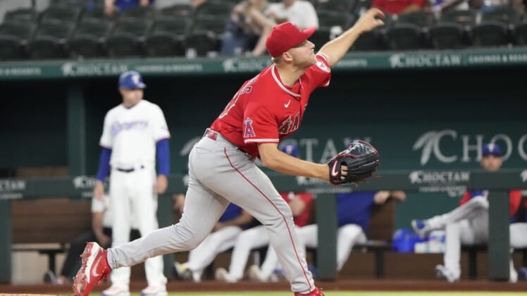 May 17, 2022; Arlington, Texas, USA; Los Angeles Angels starting pitcher Reid Detmers (48) delivers a pitch to the Texas Rangers during the first inning of a baseball game at Globe Life Field. Mandatory Credit: Jim Cowsert-USA TODAY Sports
