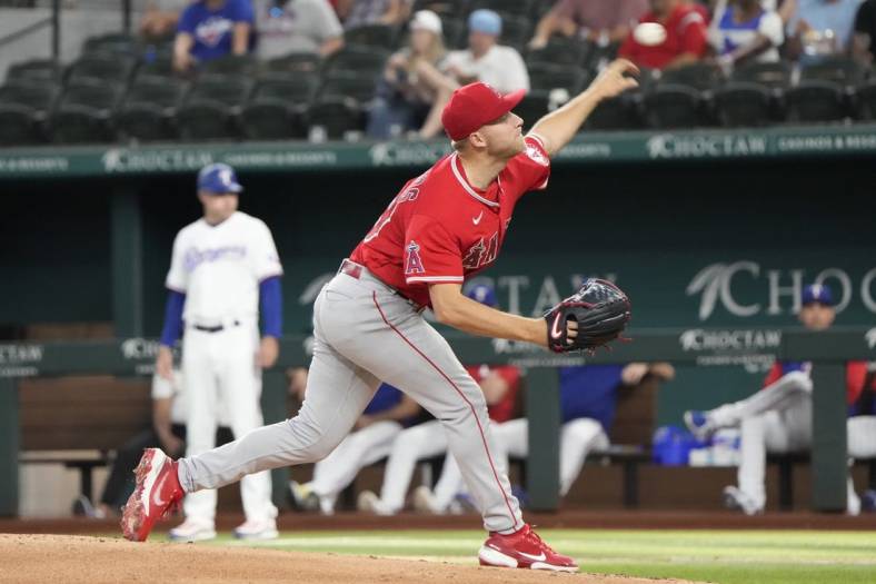 May 17, 2022; Arlington, Texas, USA; Los Angeles Angels starting pitcher Reid Detmers (48) delivers a pitch to the Texas Rangers during the first inning of a baseball game at Globe Life Field. Mandatory Credit: Jim Cowsert-USA TODAY Sports