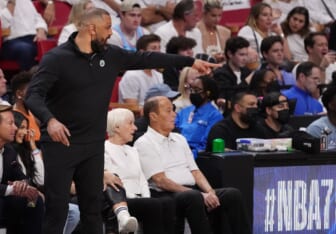 May 17, 2022; Miami, Florida, USA; Boston Celtics head coach Ime Udoka calls out to his players against the Miami Heat during the first half of game one of the 2022 eastern conference finals at FTX Arena. Mandatory Credit: Jasen Vinlove-USA TODAY Sports