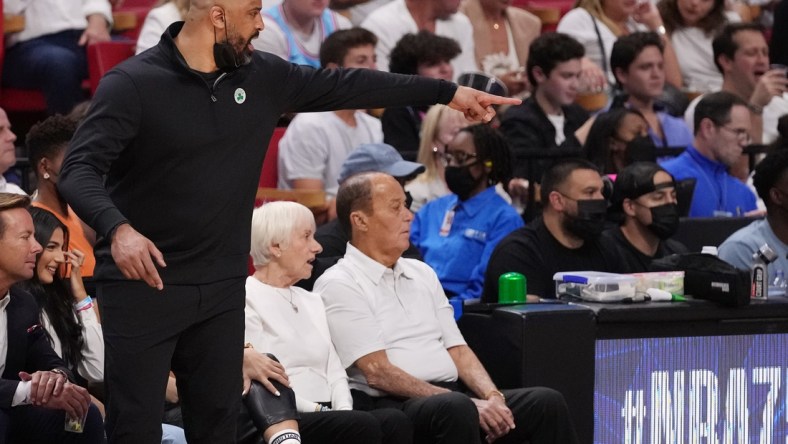 May 17, 2022; Miami, Florida, USA; Boston Celtics head coach Ime Udoka calls out to his players against the Miami Heat during the first half of game one of the 2022 eastern conference finals at FTX Arena. Mandatory Credit: Jasen Vinlove-USA TODAY Sports