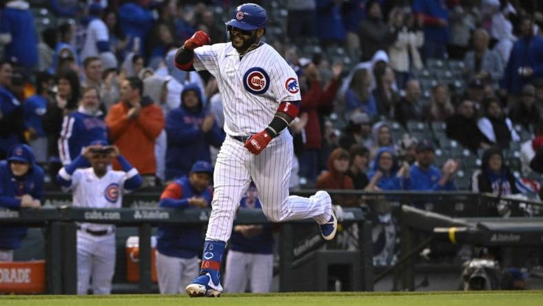 May 17, 2022; Chicago, Illinois, USA; Chicago Cubs second baseman Jonathan Villar (24) celebrates after hitting a home run against the Pittsburgh Pirates during the third inning at Wrigley Field. Mandatory Credit: Matt Marton-USA TODAY Sports