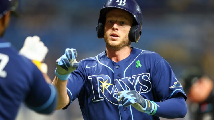 May 17, 2022; St. Petersburg, Florida, USA;  Tampa Bay Rays right fielder Brett Phillips (35) crosses home plate after hitting a solo home run against the Detroit Tigers in the fifth inning at Tropicana Field. Mandatory Credit: Nathan Ray Seebeck-USA TODAY Sports