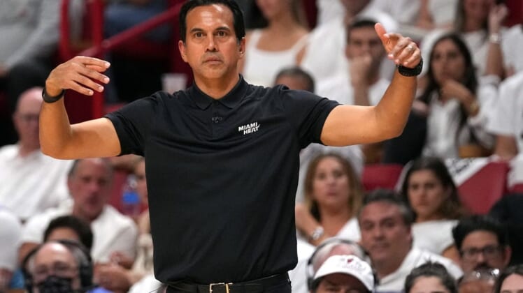 May 17, 2022; Miami, Florida, USA; Miami Heat head coach Erik Spoelstra reacts courtside against the Boston Celtics during the first half of game one of the 2022 eastern conference finals at FTX Arena. Mandatory Credit: Jasen Vinlove-USA TODAY Sports