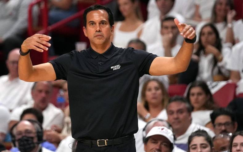 May 17, 2022; Miami, Florida, USA; Miami Heat head coach Erik Spoelstra reacts courtside against the Boston Celtics during the first half of game one of the 2022 eastern conference finals at FTX Arena. Mandatory Credit: Jasen Vinlove-USA TODAY Sports