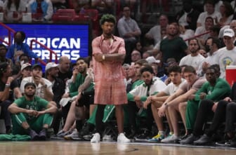 May 17, 2022; Miami, Florida, USA; Boston Celtics guard Marcus Smart (36) seen courtside along the beach during the second half against the Miami Heat in game one of the 2022 eastern conference finals at FTX Arena. Mandatory Credit: Jasen Vinlove-USA TODAY Sports