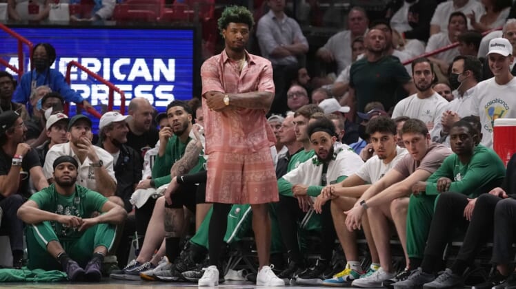 May 17, 2022; Miami, Florida, USA; Boston Celtics guard Marcus Smart (36) seen courtside along the beach during the second half against the Miami Heat in game one of the 2022 eastern conference finals at FTX Arena. Mandatory Credit: Jasen Vinlove-USA TODAY Sports