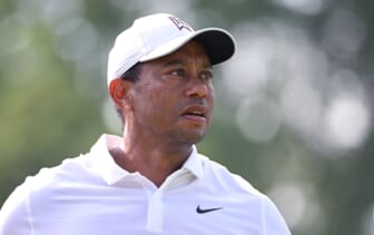 May 18, 2022; Tulsa, Oklahoma, USA; Tiger Woods looks on during a practice round for the PGA Championship golf tournament at Southern Hills Country Club. Mandatory Credit: Orlando Ramirez-USA TODAY Sports