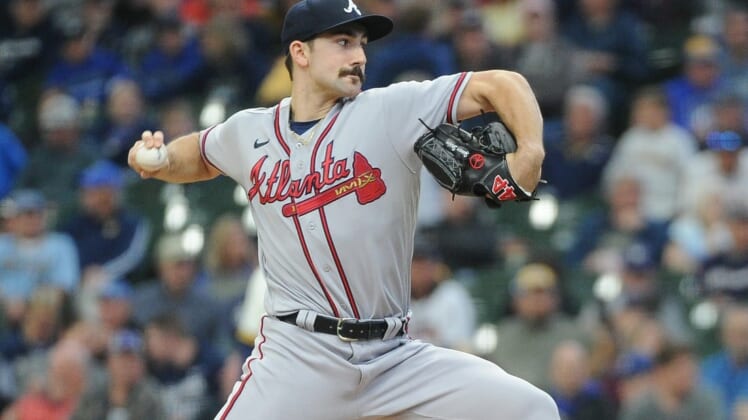 May 18, 2022; Milwaukee, Wisconsin, USA;  Atlanta Braves starting pitcher Spencer Strider (65) delivers a pitch in the seventh inning against the Milwaukee Brewers at American Family Field. Mandatory Credit: Michael McLoone-USA TODAY Sports