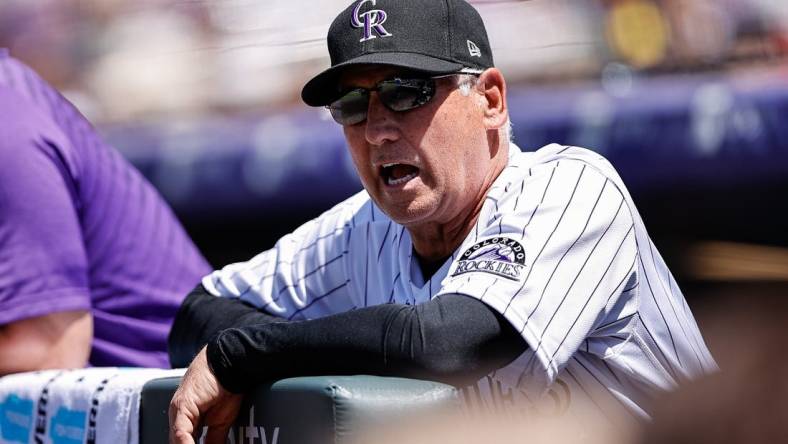 May 18, 2022; Denver, Colorado, USA; Colorado Rockies manager Bud Black (10) calls out from the dugout in the first inning against the San Francisco Giants at Coors Field. Mandatory Credit: Isaiah J. Downing-USA TODAY Sports