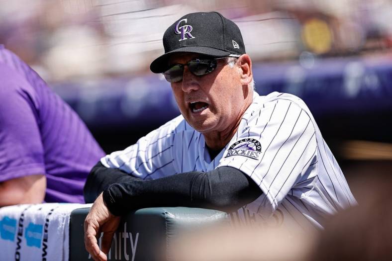 May 18, 2022; Denver, Colorado, USA; Colorado Rockies manager Bud Black (10) calls out from the dugout in the first inning against the San Francisco Giants at Coors Field. Mandatory Credit: Isaiah J. Downing-USA TODAY Sports