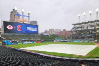 May 18, 2022; Cleveland, Ohio, USA; A general view of the rain tarp on the field during a weather delay of a game between the Cleveland Guardians and the Cincinnati Reds at Progressive Field. Mandatory Credit: David Richard-USA TODAY Sports