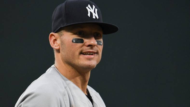 May 18, 2022; Baltimore, Maryland, USA;  New York Yankees third baseman Josh Donaldson (28) stands at third base during the second inning against the Baltimore Orioles at Oriole Park at Camden Yards. Mandatory Credit: Tommy Gilligan-USA TODAY Sports