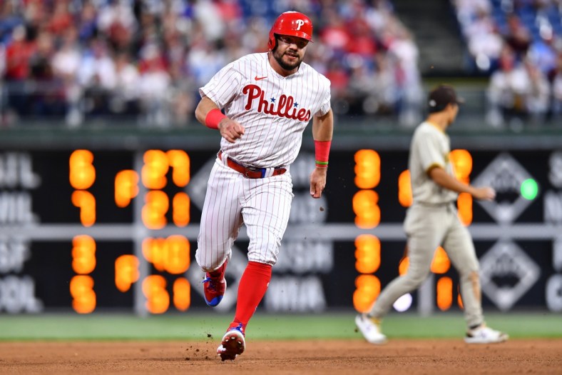 May 18, 2022; Philadelphia, Pennsylvania, USA; Philadelphia Phillies outfielder Kyle Schwarber (12) advances to third against the San Diego Padres in the fourth inning at Citizens Bank Park. Mandatory Credit: Kyle Ross-USA TODAY Sports