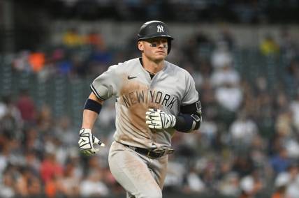May 18, 2022; Baltimore, Maryland, USA; New York Yankees third baseman Josh Donaldson (28) runs out a third inning single against the Baltimore Orioles  at Oriole Park at Camden Yards. Mandatory Credit: Tommy Gilligan-USA TODAY Sports