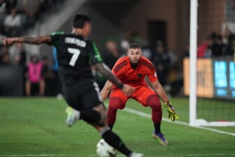 May 18, 2022; Los Angeles, California, USA; LAFC goalkeeper Maxime Crepeau (16) defends the goal against Austin FC forward Sebasti  n Driussi (7)in the first half at Banc of California Stadium. Mandatory Credit: Kirby Lee-USA TODAY Sports