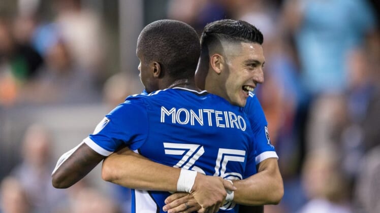May 18, 2022; San Jose, California, USA; San Jose Earthquakes midfielder Jamiro Monteiro (35) celebrates with forward Cristian Espinoza (10) after he scored a goal against the Portland Timbers during the first half at PayPal Park. Mandatory Credit: John Hefti-USA TODAY Sports