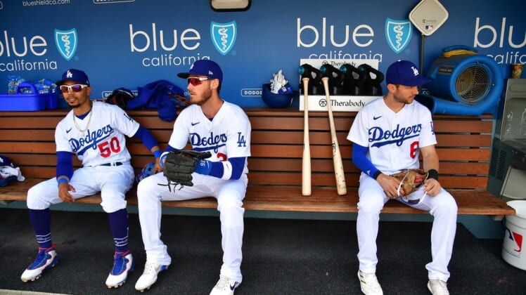 May 18, 2022; Los Angeles, California, USA; Los Angeles Dodgers right fielder Mookie Betts (50) center fielder Cody Bellinger (35) and shortstop Trea Turner (6) before playing against the Arizona Diamondbacks at Dodger Stadium. Mandatory Credit: Gary A. Vasquez-USA TODAY Sports