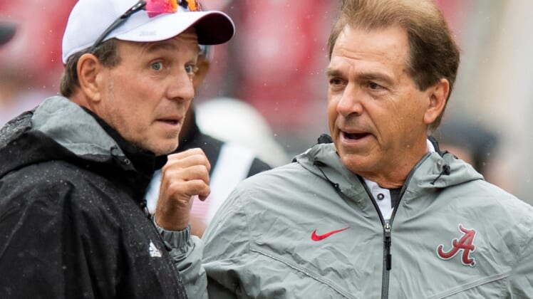 Texas A&M head coach Jimbo Fisher andAlabama head coach Nick Saban chat at midfield before the Alabama vs. Texas A&M game in Tuscaloosa, Ala., on Saturday September 22, 2018.Pre420
